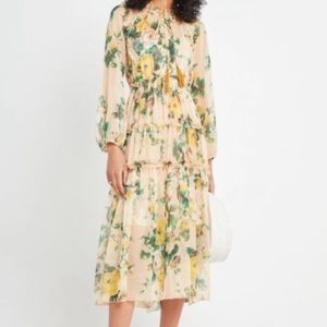 New OPT Selena Dress Beige Floral Chiffon Sheer Midi Dress